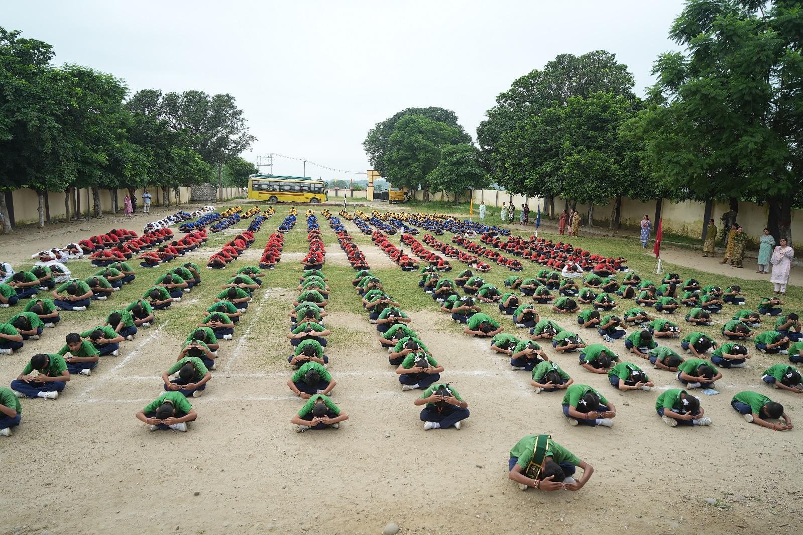Students practising yoga together on the school ground